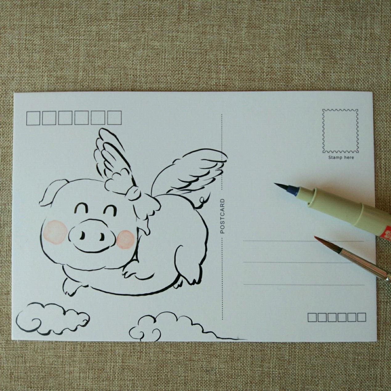 手工绘贺卡明信片手工制作方法，有趣的动物DIY手绘明信片帅气的小猪图案简单绘画方法 - 有点网 - 好手艺
