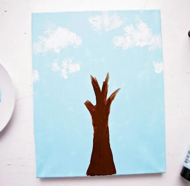 植树节儿童绘画《花菜拓印樱花树》