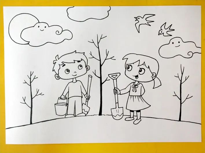 植树节主题简笔画儿童画《茁壮成长》