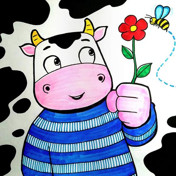 2021牛年新年主题儿童画《送你一朵小红花》