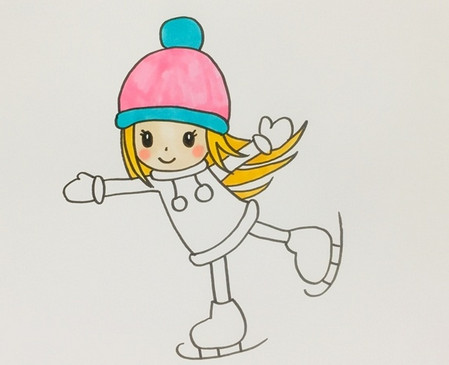 小女孩滑冰简笔画涂色步骤图片