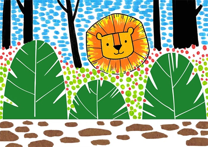 儿童简笔画大全：少儿美术课程卡通动物题材《灌木丛中的狮子》