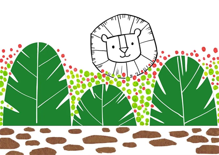 儿童简笔画大全：少儿美术课程卡通动物题材《灌木丛中的狮子》